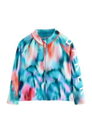 Veste de bain colorée avec un motif abstrait bleu, rose et blanc. Fabriquée en matériau léger, elle possède une fermeture éclair intégrale et des manches longues.