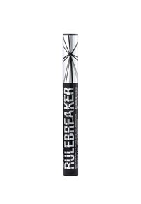 Tubetto di mascara in bianco e nero con una forma cilindrica elegante, caratterizzato da un design di testo audace e linee geometriche come dettaglio decorativo.