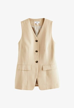 Beige gestreepte vest met een V-hals, vijf zwarte knopen en twee voorkeuzen. Gemaakt van een glad materiaal met een getailleerd ontwerp.
