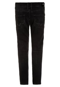 Czarne dżinsy o slim fit, z dwiema tylnymi kieszeniami, subtelnymi detalami przeszyć i elastycznym pasem na pasek.