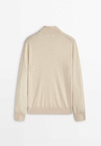 Beige long-sleeve sweater with ribbed cuffs, hem, and mock neck, shown from the back on a white background.