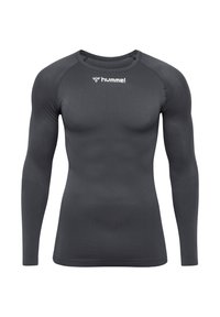 Langarm sportshirt in donkergrijs, gemaakt van rekbare, ademende stof. Heeft een ronde hals en een klein wit logo.