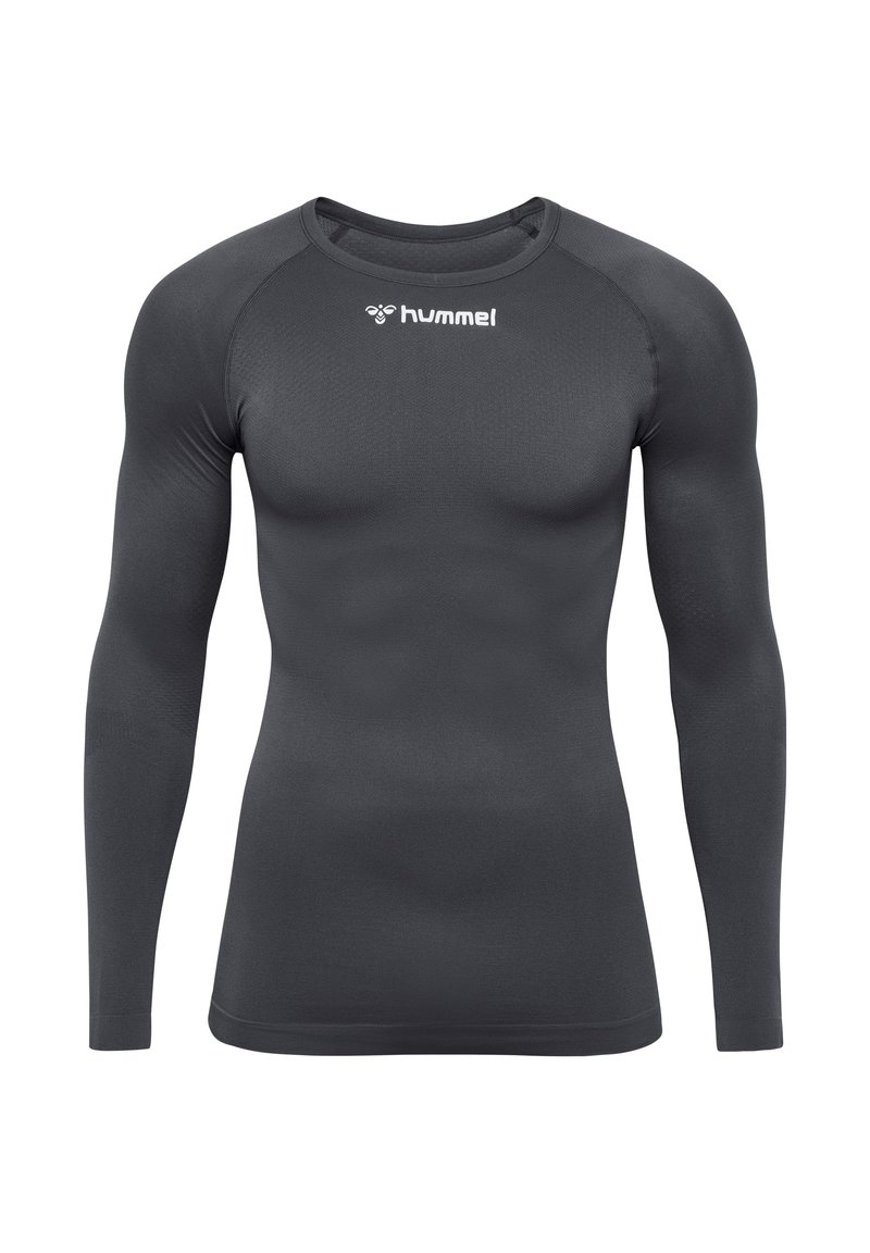 Langarm sportshirt in donkergrijs, gemaakt van rekbare, ademende stof. Heeft een ronde hals en een klein wit logo.