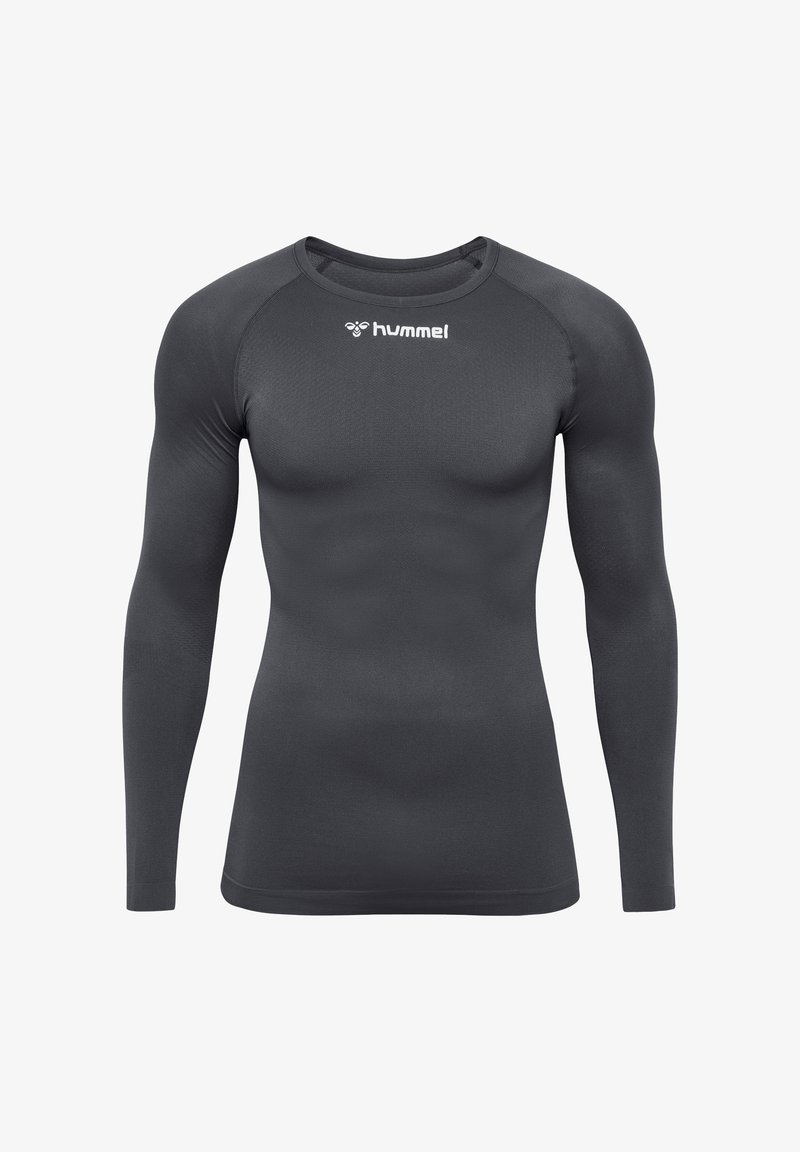 Langärmliges Sportshirt in Dunkelgrau, aus dehnbarem, atmungsaktivem Stoff. Mit Rundhalsausschnitt und kleinem weißen Logo.