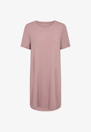 Korte ærmer, t-shirt kjole med rund hals i blødt pink stof. Har en lige silhuet og en rund kant, lavet af letvægtsmateriale.