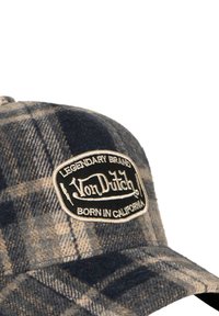 Casquette à carreaux en laine mélange bleu foncé et beige avec un visière incurvée. Présente un badge logo brodé Von Dutch.