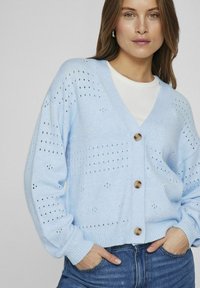 Šviesiai mėlyna megzta kardiganas su V formos iškirpte, su perforuotais raštais, mygtukų užtrauktuku ir ribtomis rankovėmis. Dėvima ant baltos palaidinės.