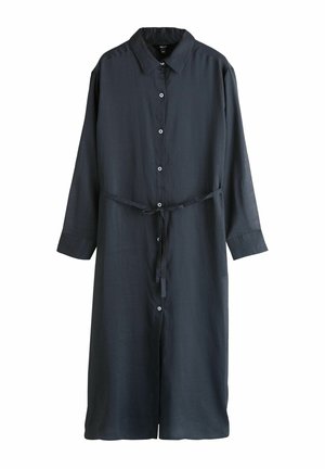 Dunkelgraues Hemdblusenkleid mit Kragen, langärmlig, durchgehenden Knöpfen vorne und einem Bindegürtel in der Taille. Glatter, leichter Stoff.