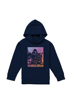 Navy blue hoodie featuring Mandalorian and Grogu graphic with purple and orange gradient background and "The Mandalorian" text below.