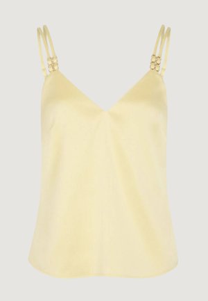 Camisole sans manches jaune pâle avec encolure en V et double bretelles fines ornées de liens décoratifs de couleur or.
