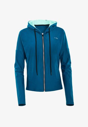 Teal huva jacka med dragkedja fram, svarta snören och en inre mintgrön foder. Den har långa ärmar och sidofickor.