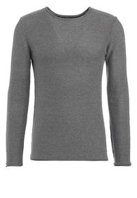 Pull gris à manches longues en maille texturée avec un col rond et une coupe ajustée. Aucun logo ni motif visible.
