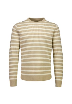 Beige og hvide vandrette striber på en langærmet sweater med ribbet tekstur, rund halsudskæring samt tætsiddende manchetter og kant.