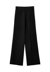 Pantalons noirs à jambe large avec taille haute, dotés de plis sur le devant, fabriqués dans un tissu lisse. Aucun motif ni accent visible.