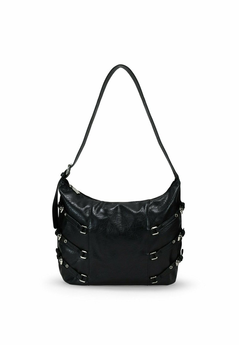 Borsa in pelle nera con forma arrotondata, dotata di dettagli in metallo argento, fibbie laterali e una tracolla singola. Superficie testurizzata.