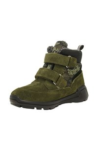 Olijfgroene suède hoge laars met zwarte zool, digitale camouflage stoffen accenten, twee brede klittenbandsluitingen en fleece voering.