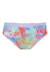 Costume da bagno colorato con un motivo astratto di corallo in rosso, blu, verde e viola su uno sfondo bianco. Tessuto morbido, vestibilità a vita media.