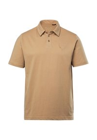 Béžov�é polo tričko vyrobené z bavlny, s tříknoflíkovou légou, krátkými rukávy a vyšitým logem jelena na levé hrudi.