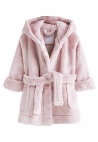 Helles pinker Kunstpelzbademantel mit Kapuze, Bindegürtel und zwei Fronttaschen. Weicher Stoff und ärmel in mittlerer Länge.