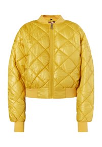 Giacca bomber gialla trapuntata con zip frontale, colletto e polsini a costine; tessuto lucido con design accorciato e motivo a rombi.