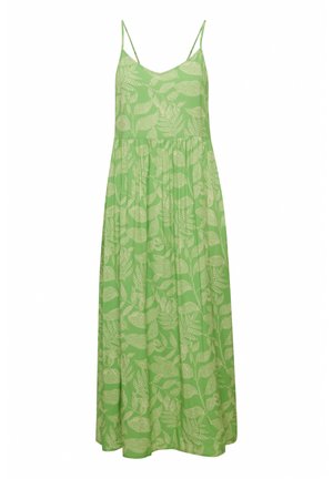 Grøn ärmeløs kjole med tynde stropper, med et bladmønster i lys grøn. Luftigt stof med en samlet talje.