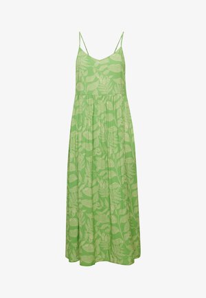 Grøn ärmeløs kjole med tynde stropper, med et bladmønster i lys grøn. Luftigt stof med en samlet talje.