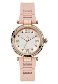 Orologio rotondo con cassa in oro rosa, quadrante in madreperla bianca, cinturino in silicone rosa e finiture in argento. Indicatori alle ore 12 e 6.