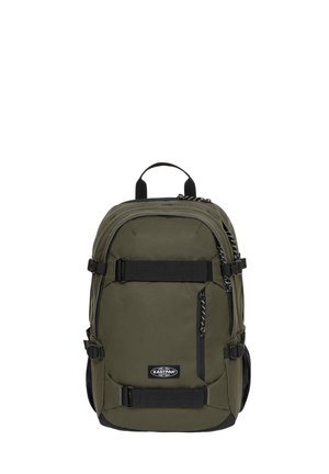 Olive green backpack with adjustable straps, black accents, multiple zippered pockets, and padded back panel for comfort.