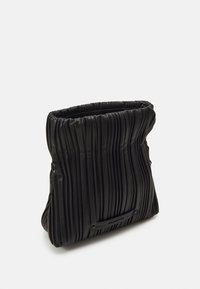 Black pleated handbag with a soft, textured material. Features a gathered top and a subtle logo detail on the front.