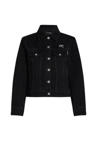 Črna jeans jakna s slim fit krojem, klasičnim ovratnikom, srebrnimi kovinskimi gumbi, žepi na prsih in majhnim vezenim logotipom na levi strani.