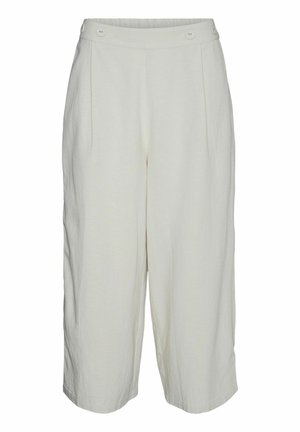 Balti, plačios kojų kelnės iš lengvos medžiagos su dviem priekiniais mygtukais, kurios turi raukšles ir laisvą siluetą, tinkamos kasdieniniam dėvėjimui.