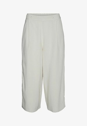 Pantalones blancos de pierna ancha, hechos de un tejido ligero, con dos botones en la parte frontal, que presentan pliegues y un ajuste relajado, ideales para un look casual.