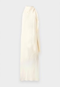 Μακρύ, ρέον φόρεμα από κρεμ μετάξι. Διαθέτει ντεκολτέ με πτυχώσεις και ασύμμετρο κόψιμο, με λεία, γυαλιστερή υφή και μινιμαλιστικό σχέδιο.