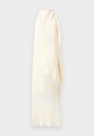 Vestido longo e fluido em seda creme. Apresenta um decote drapeado e corte assimétrico, com textura suave e brilhante e design minimalista.