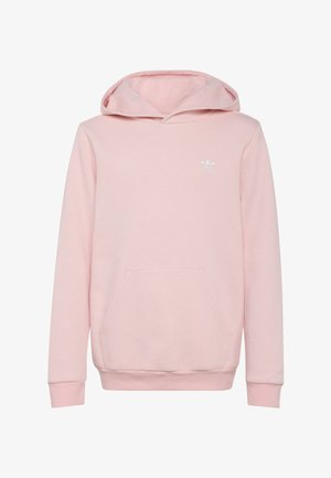 Sweat à capuche rose clair avec poche kangourou à l'avant et petit logo Adidas blanc sur le côté gauche de la poitrine.