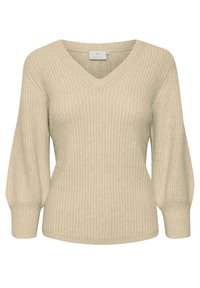 Pull beige en maille avec un col en V, une texture côtelée et des manches longues bouffantes. Présente une taille cintrée. L'étiquette indique une taille moyenne.