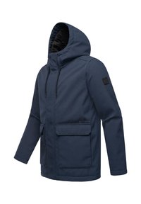 Tmavě modrá mikina s kapucí vyrobená z hladkého materiálu, která má dvě přední kapsy a nášivku s logem na rukávu. Elegatní design s nastavitelnou kapucí.
