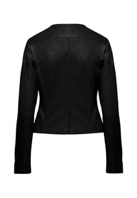 Giacca in pelle nera con maniche lunghe, vestibilità aderente e texture liscia. Caratterizzata da un design pulito e senza hardware o decorazioni visibili.