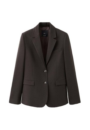 Dunkelbrauner Blazer aus strukturiertem Stoff, mit Reverskragen, zwei Fronttaschen und zwei Knöpfen. Klassische, strukturierte Silhouette.