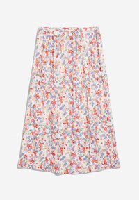 Jupe longue fleurie avec une ceinture élastique. Présente des fleurs multicolores sur fond blanc, fabriquée dans un tissu léger à texture lisse.