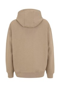 Felpa beige con cappuccio spazioso e polsini a coste. Realizzata in tessuto liscio, presenta un design posteriore semplice e pulito senza dettagli aggiuntivi.