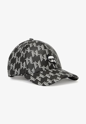 Casquette de baseball noire et grise avec motif répété "K" et petite écusson représentant un visage portant des lunettes de soleil noires sur le panneau avant.