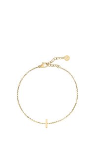Gouden armband met een delicate ketting en een horizontale stangaccent. Verstelbare sluiting met een klein logo-label. Eenvoudig en minimalistisch ontwerp.