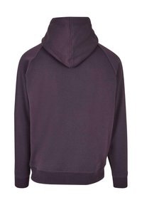 Hoodie in donkerpaars materiaal, met lange mouwen, een geribde onderrand en raglanmouwen voor extra comfort. Minimalistisch ontwerp, zonder graphics.