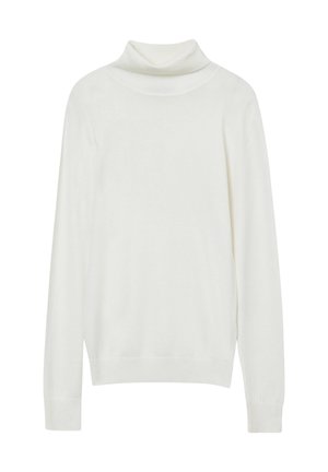 Maglione a collo alto bianco realizzato in tessuto a maglia. Presenta maniche lunghe, un colletto alto e polsini e orlo a coste. Texture liscia.