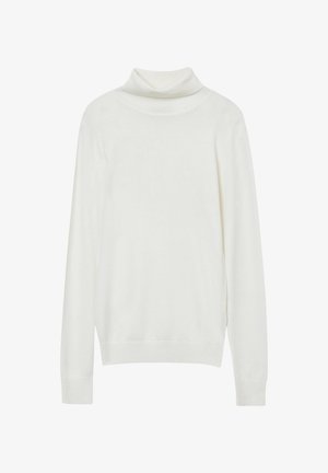 Maglione a collo alto bianco realizzato in tessuto a maglia. Presenta maniche lunghe, un colletto alto e polsini e orlo a coste. Texture liscia.