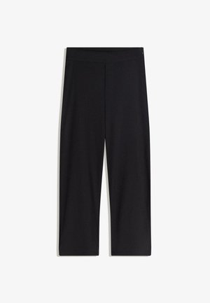 Schwarze weite Hose mit hohem Bund und geraden Säumen, flach auf weißem Hintergrund präsentiert.