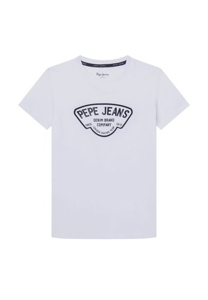 Camiseta de algodón blanca con un gran logo gráfico en azul marino que incluye el texto "PEPE JEANS". Diseño clásico con mangas cortas y cuello redondo.