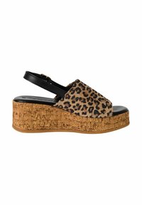 Infradito con zeppa in sughero, dotate di una fascia in pelle nera e una tomaia con stampa leopardata. Presentano una suola platform in tessuto marrone texture e un design con punta aperta.