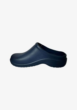 Zuecos azul marino hechos de goma texturizada, con punta redondeada y parte trasera abierta, y una suela curva para mayor comodidad y soporte.